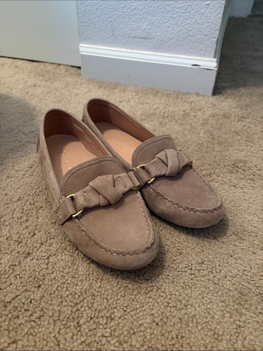 Cole Haan Taupe Suede Knot Loafers with Gold Accent